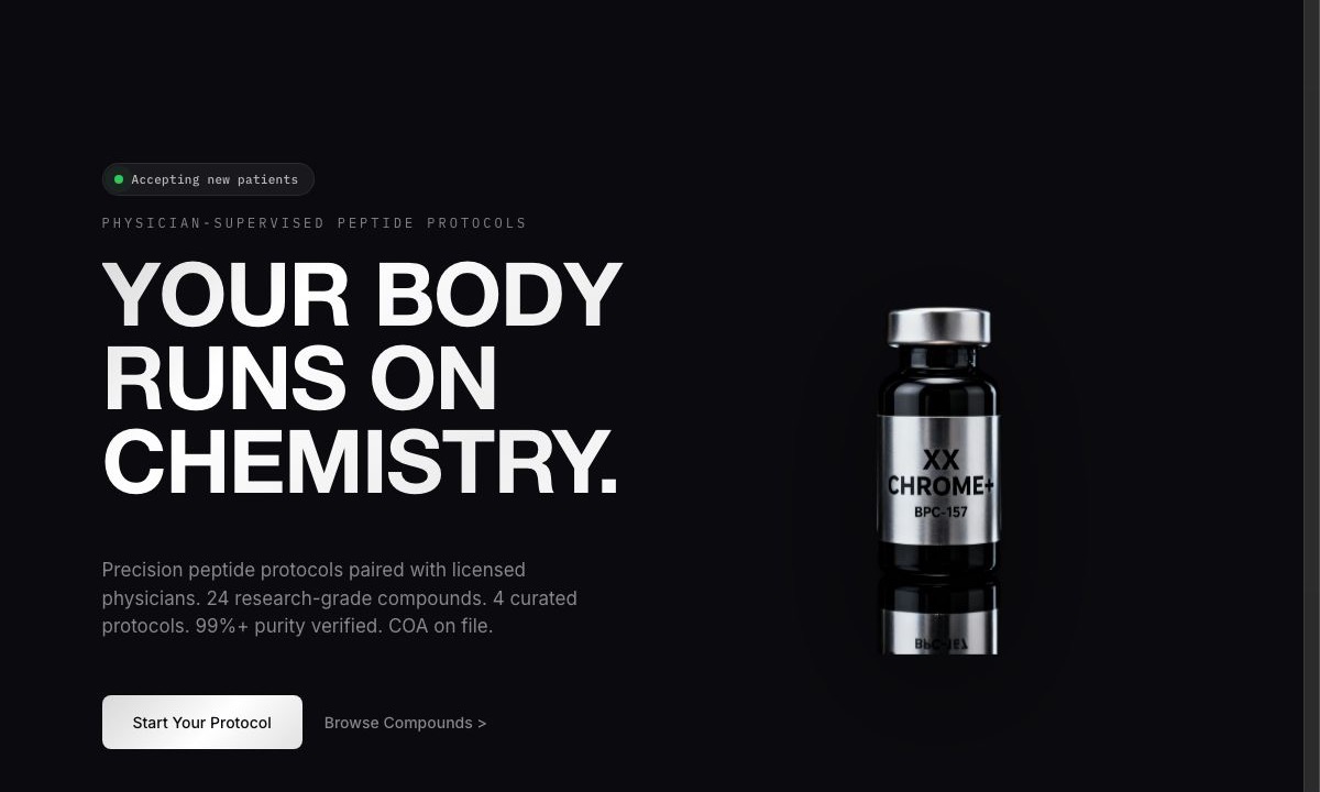 XX Chrome Plus peptide telehealth website designed by Gemini Haus
